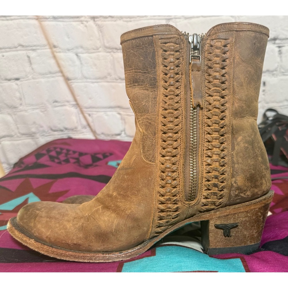 Lane Boots Women Brown Distressed Leather Woven Western Ankle Booties Size 5.5